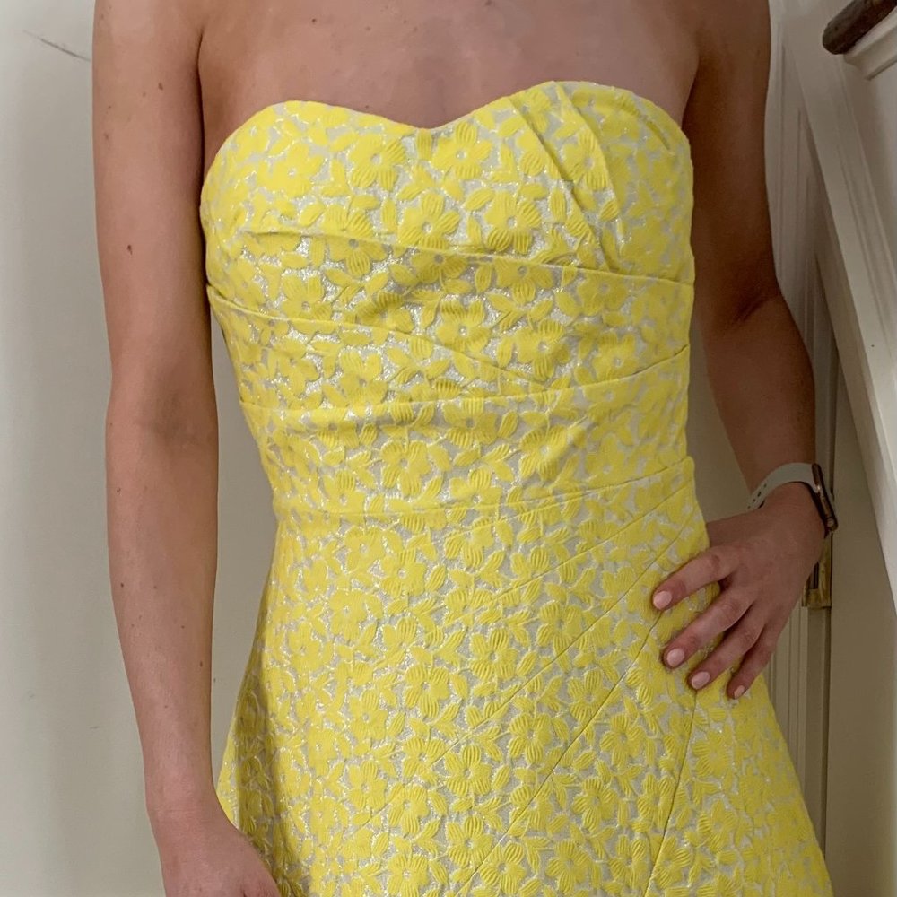 Alice + Olivia Strapless Yellow/Metallic Silver Jacquard Dress- Size 6 GORGEOUS! - Picture 3 of 13